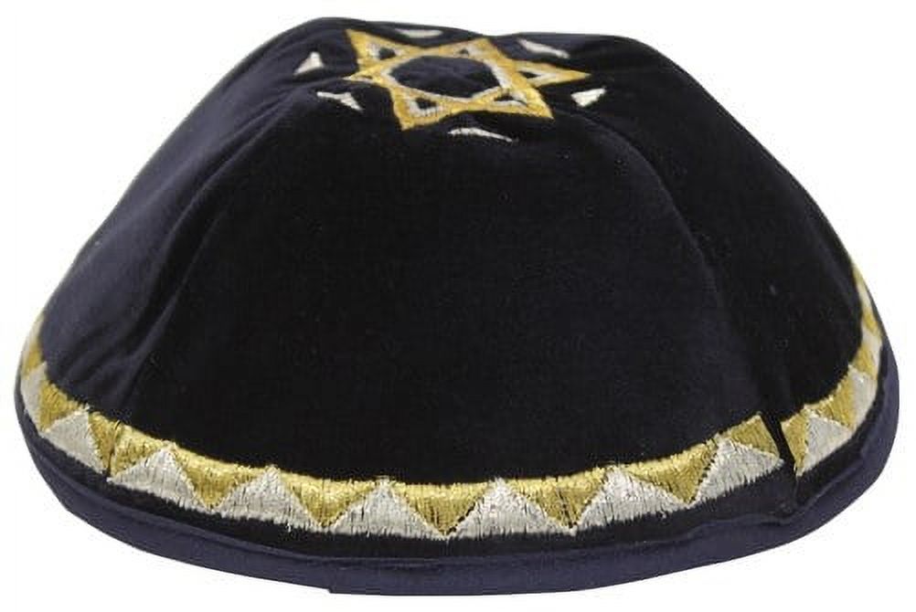 Knitted Cotton Kippah With Star Of David - Gold Embroidered, Black, One Size (14cm Diameter)