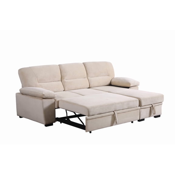 Kipriano 97.5"W Beige Velvet Fabric Reversible Sleeper Sectional Sofa Chaise