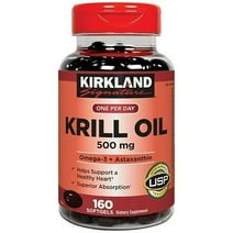 Kir-kland Signature Antarctic Krill Oil 500 mg Dietary Supplement with Omega-3 + Astaxanthin, Supports Healthy Heart, 160 Softgels