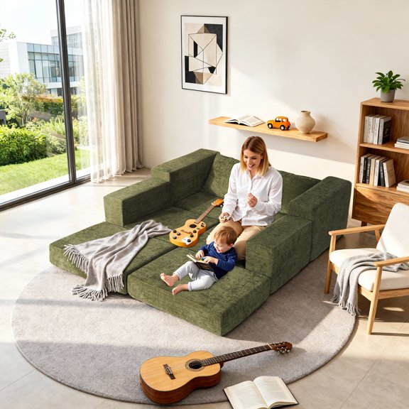 KirKasa Green Boneless Couch, Cloud Couches and Small Couch, Modular Sectional Couches for Living Room, L Shaped Couch in a Box with Chenille
