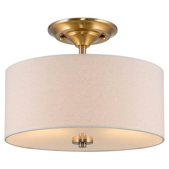 Kira Home Addison 13" 2-Light Semi-Flush Mount Ceiling Light Fixture with Off-White Fabric Drum Shade, Cool Brass Finish
