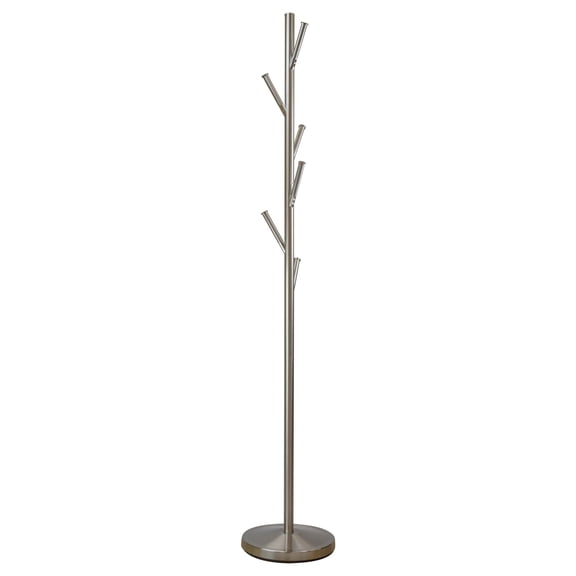 Kira Home Addison 68" Standing Coat Rack, 6 Hanging Hooks, Sleek Metal Silver Coat Stand, Weighted Base, Satin Steel