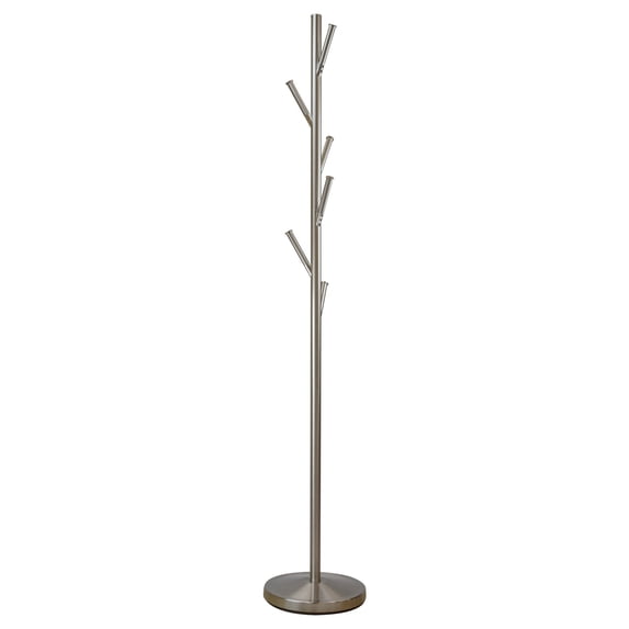 Kira Home Addison 68" Standing Coat Rack, 6 Hanging Hooks, Sleek Metal Silver Coat Stand, Weighted Base, Satin Steel