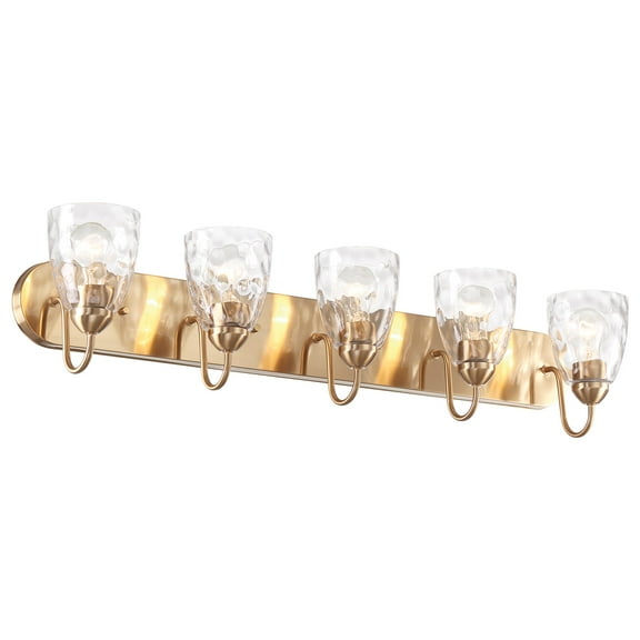 Kira Home Armada 37" 5-Light Over Mirror / Bathroom Light, Hammered Glass Shades, Curved Arms, Cool Brass