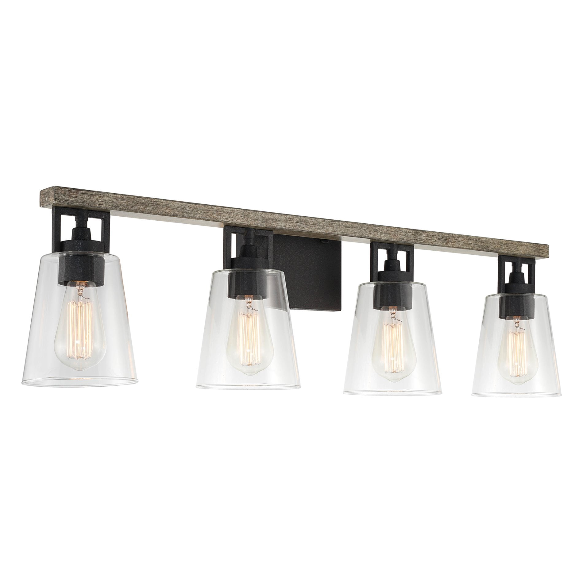 Kira Home Barrett 33" 4-Light Farmhouse / Bathroom Light + Funnel Glass Shades, Reclaimed Oak wood + Textured Black