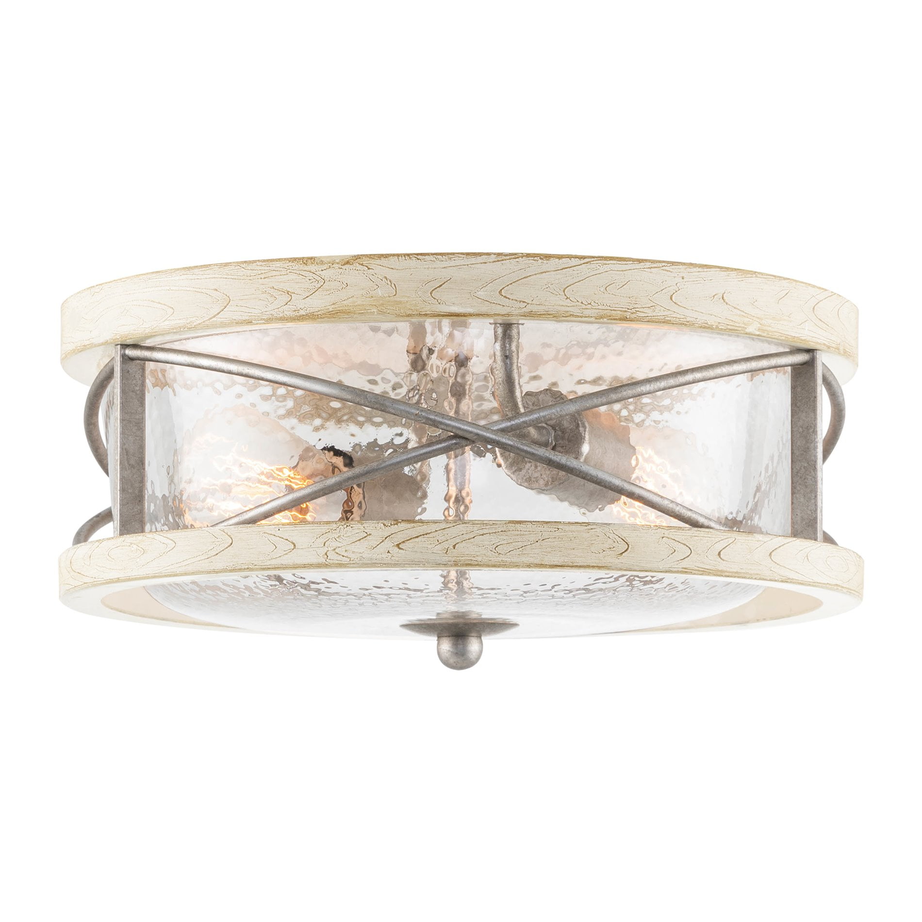 Kira Home Blaylock 13" Farmhouse Flush Mount Ceiling Light, Hammered Glass Shade, Wood Grain Metal, White Ash Wood