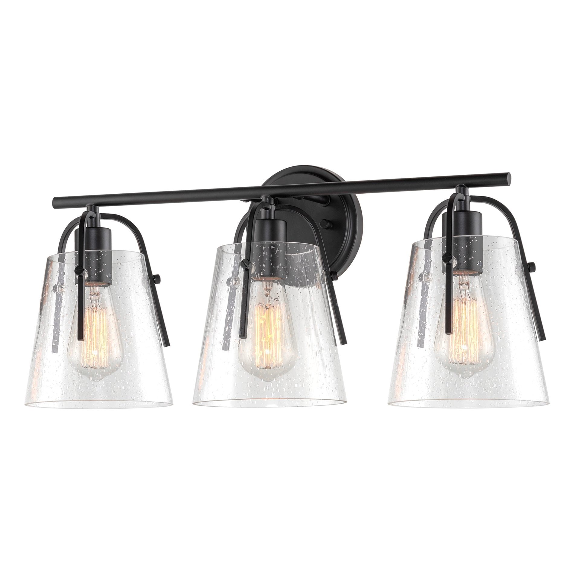 Kira Home Branson 22" 3-Light Modern Farmhouse Vanity/Bathroom Light + Seeded Glass Cone Shades, Black Finish