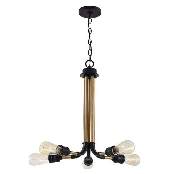 Kira Home Bronx 21" 5-Light Retro Industrial Chandelier, Steampunk Gold Bronze Hanging Light, Black Accents + Warm Brass