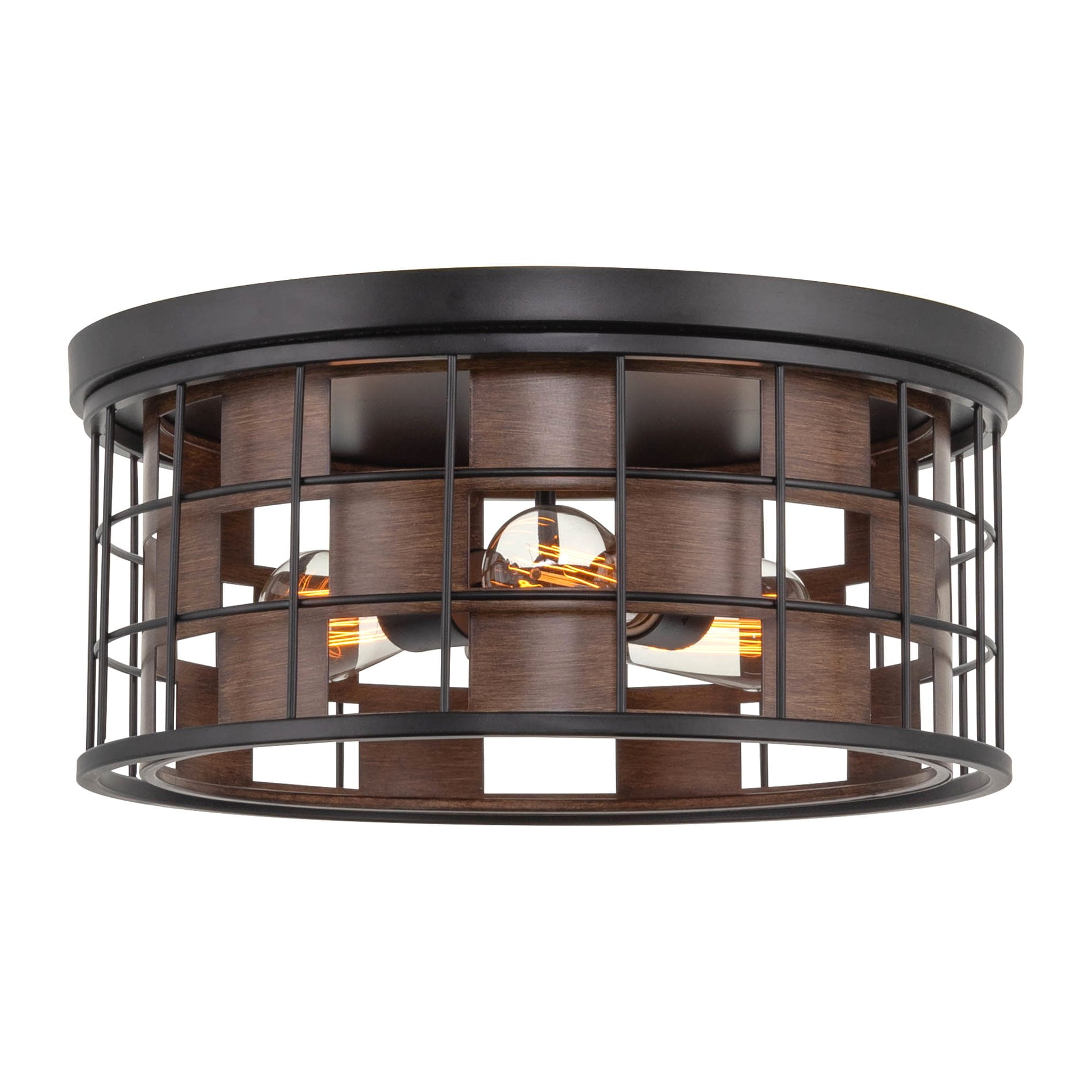 Kira Home Carlson 3-Light Modern Flush Mount, Walnut Wood and Black Finish