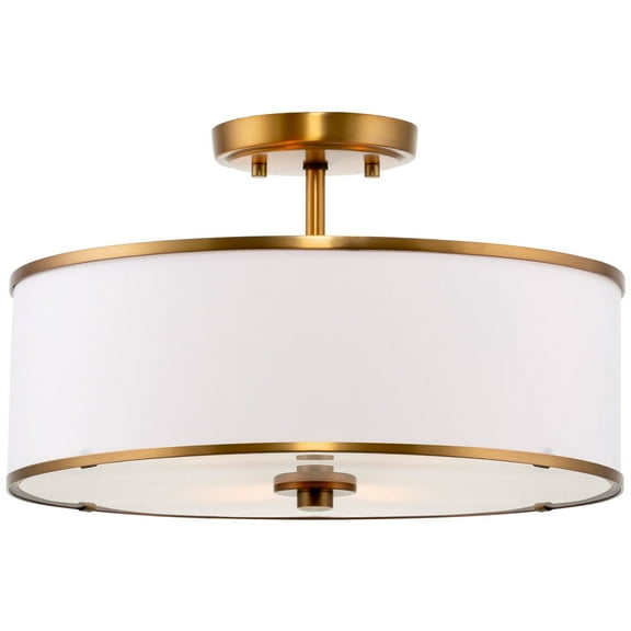 Kira Home Chloe 15" Retro Ceiling Light, White Drum Shade, LED Compatible, Round Glass Diffuser, Warm Brass Trim