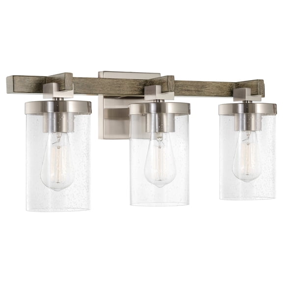 Kira Home Concord 22" Farmhouse Light, Seeded Glass Cylinder Shades, Wood Grain Metal Bathroom Light, Reclaimed Oak Wood