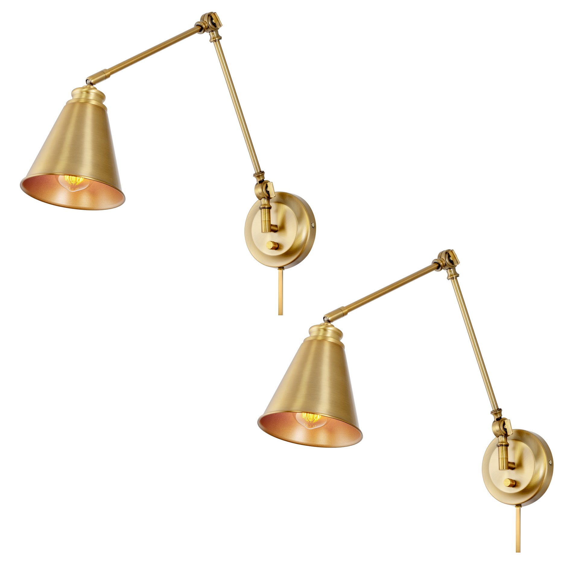 Vintage Brass Adjustable Swing Arm Wall Lamp, Warm Brass Finish, 2-Pack