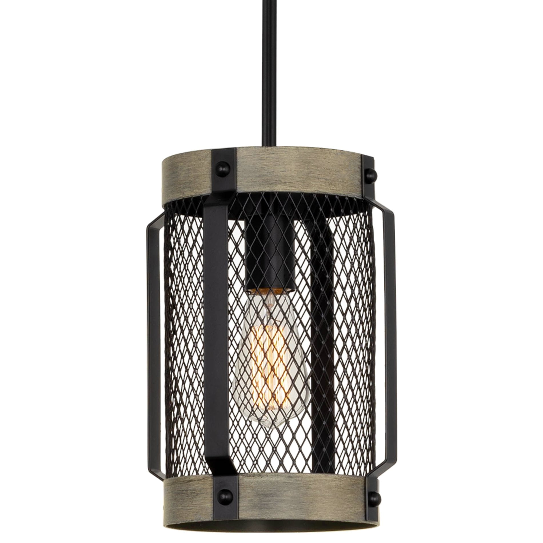 11" Black and Gray Oak Metal Wire Cage Farmhouse Pendant Light
