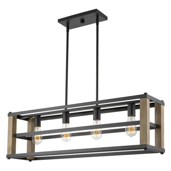 Kira Home Goodwin 34" 4-Light Farmhouse Kitchen Island Pendant Light + Linear Rectangle Chandelier, Smoked Birch Finish