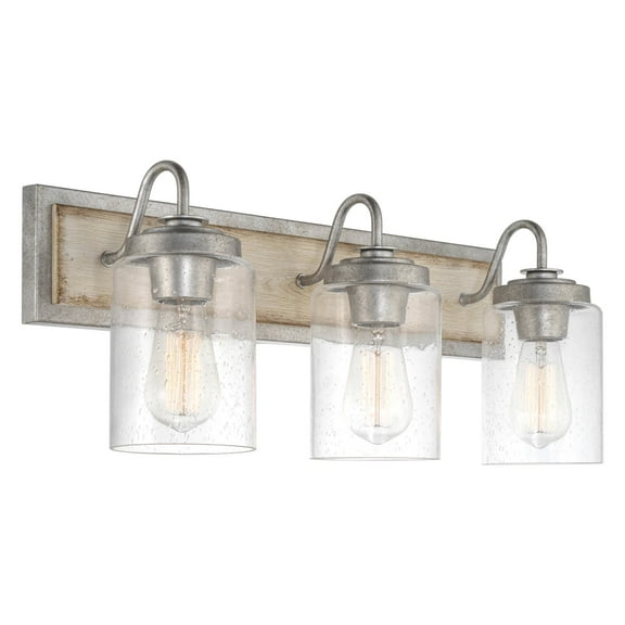 Kira Home Greyson 22" 3-Light Farmhouse / Bathroom Light, Cylinder Seeded Glass Shades, White Ash Wood, Galvanized Steel