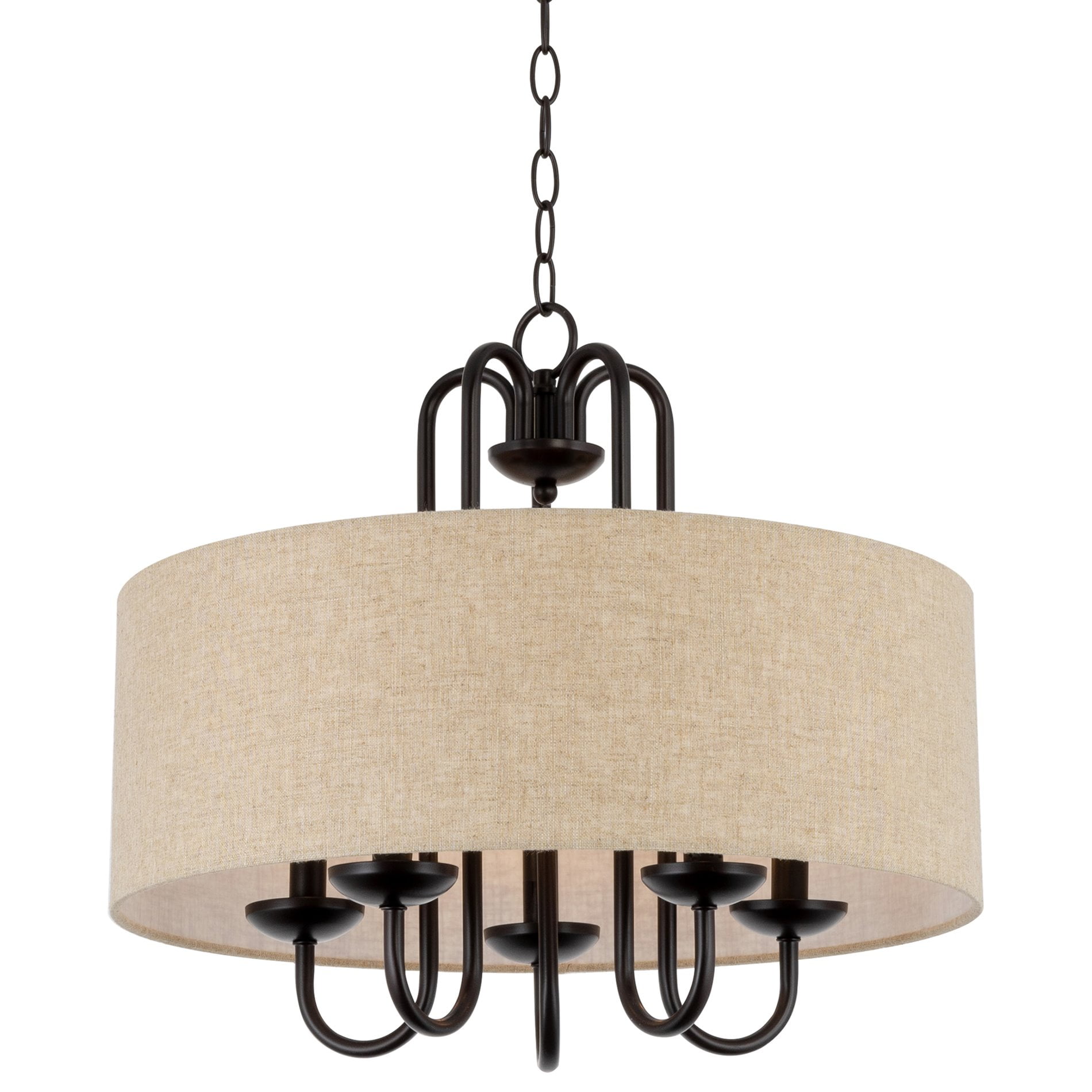 Kira Home Gwenyth 20" Farmhouse Drum Chandelier, Oatmeal Linen Shade, Rustic Arched Metal Hanging, Oil Rubbed Bronze