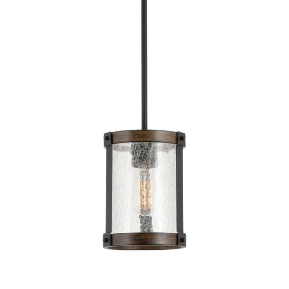 Kira Home Hadley 9" Modern Farmhouse Pendant Light, Crackled Glass Shade, Textured Black + Wood Style Walnut Finish