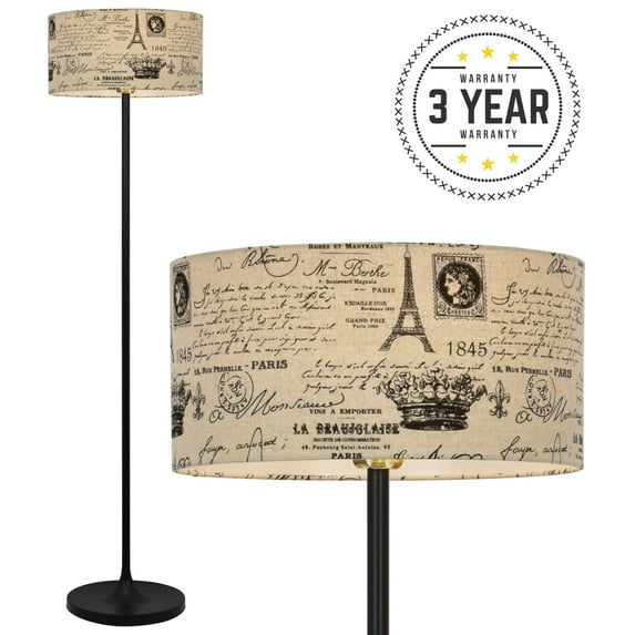 Kira Home Iris 63" LED Floor Lamp + 9W Bulb ( / ), Beige/Black French Script Shade, Black