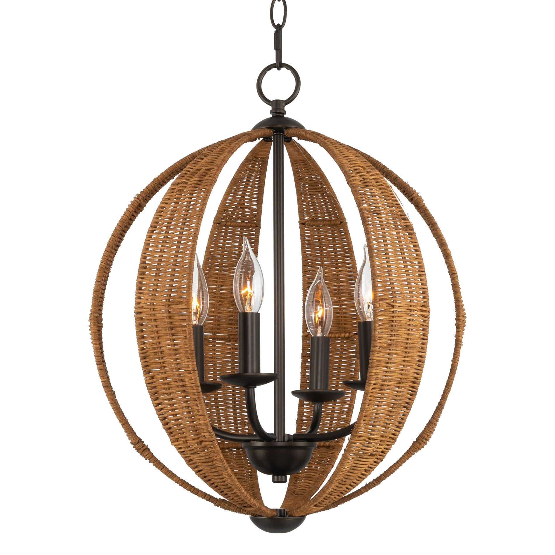 Kira Home Kendall 20" 4-Light Modern Rustic Armillary Round Pendant Chandelier, Rattan Style + Oil Rubbed Bronze Finish