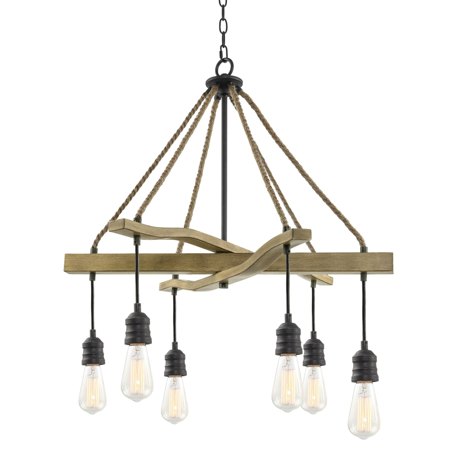 Kira Home Marlo 28" 6-Light Farmhouse Pendant Chandelier + Hanging Suspended Sockets, Smoked Birch + Textured Black