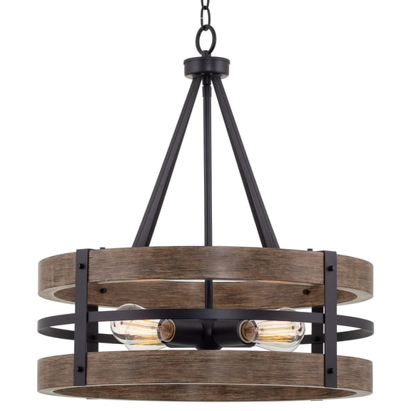 Kira Home Maybrook 23" Drum Chandelier, Wood Grain Metal, Rustic Farmhouse Double Band Pendant Light, Reclaimed Oak Wood