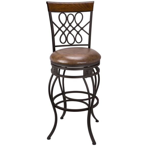 Kira Home Monarch I 30" Swivel Bar Stool, Brown Leatherette Seat Cushion, Scroll Backrest, Real Wood Accent, Old Steel