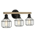 thumbnail image 1 of Kira Home Pierce 22" 3-Light Farmhouse Vanity / Bathroom Light + Funnel Metal Shades, Smoked Birch Wood Style + Black, 1 of 7
