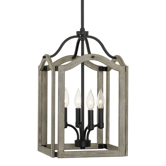 Kira Home Quincy 31" 4-Light Modern Farmhouse Foyer Lantern Pendant Light, Light Cedar Wood Style + Black Finish