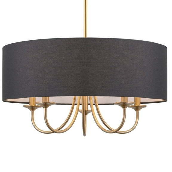 Kira Home Quinn 22" 5-Light Chandelier / Adjustable Chain Link Hanging Light + Black Linen Drum Shade, Cool Brass