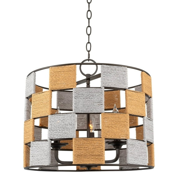 Kira Home Ramona 18" Rustic Chic Drum Pendant Light Chandelier, Open Frame Design, Natural, Smoked Gray Rattan Panel