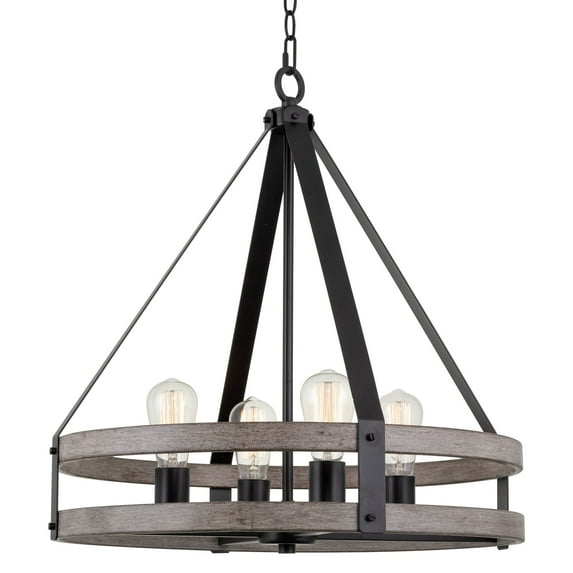 Kira Home Shiloh 24" 4-Light Modern Farmhouse Pendant Chandelier, Adjustable Height, Light Cedar Wood Style + Black