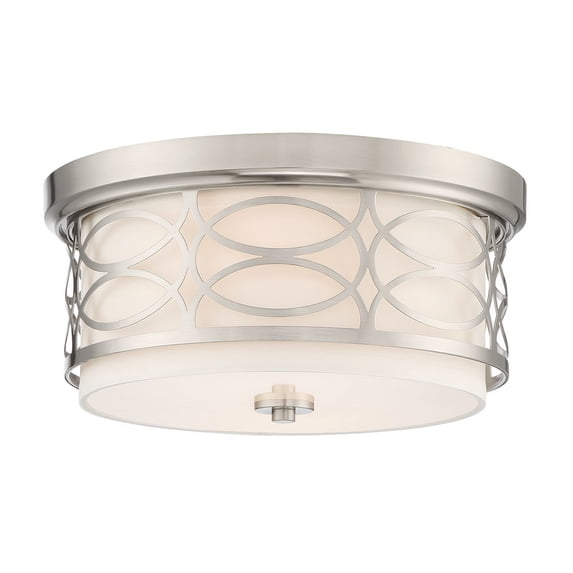 Kira Home Sienna 13" Lattice Drum Flush Mount, Silver Ceiling Light, White Linen Shade, Glass Diffuser, Brushed Nickel