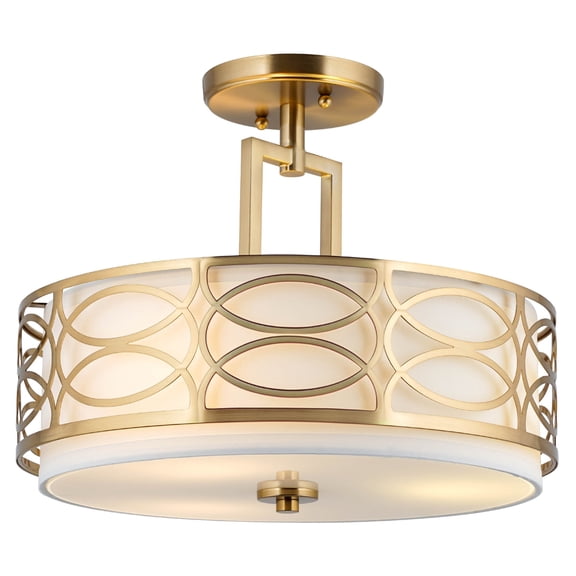 Kira Home Sienna 15" Lattice Drum Gold, Gold Ceiling Light, White Linen Shade, Glass Diffuser, Cool Brass