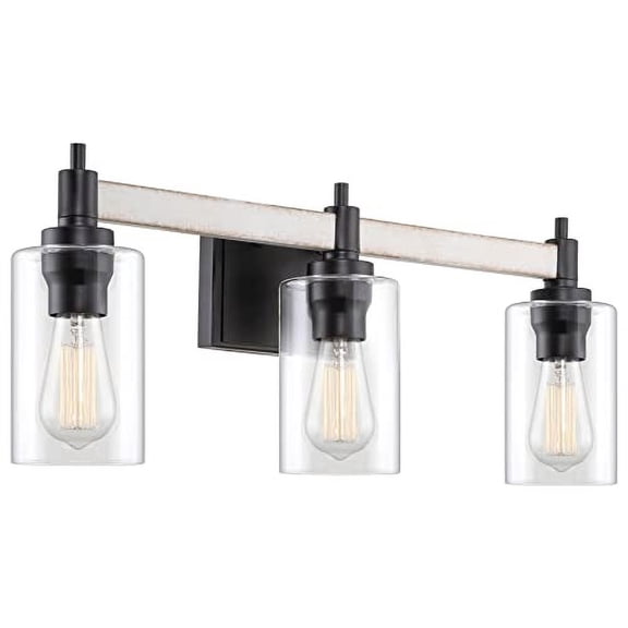 Kira Home Theo 25" 3-Light Modern Farmhouse Vanity/Bathroom Light + Clear Cylinder Glass Shades, White Ash Wood Style + Matte Black Finish | Perfect for Bathrooms