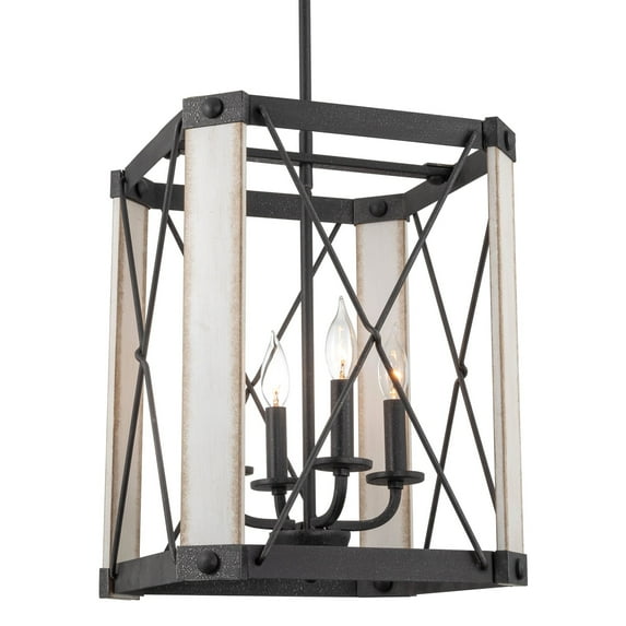 Kira Home Wrightwood 19" Farmhouse Pendant Light, Metal Wire Cage Hanging Lantern, White Ash Wood, Textured Black