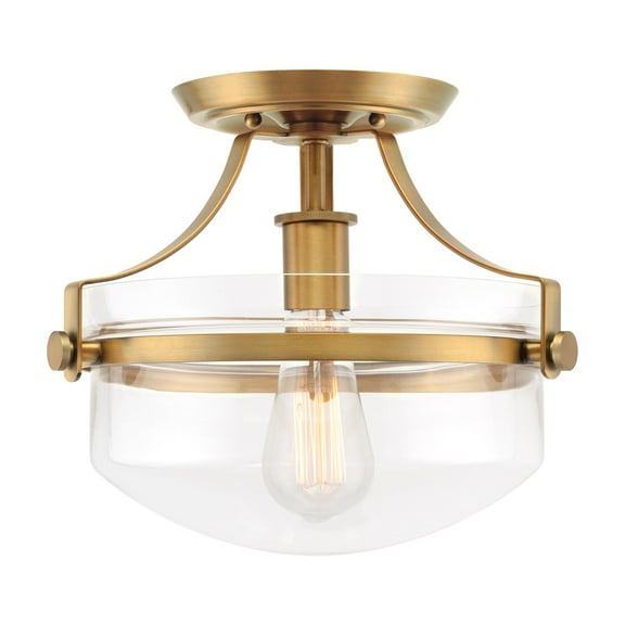 Kira Home Zurich 12" Rustic Farmhouse Semi-Flush Mount Ceiling Light + Glass Shade, Warm Brass Finish
