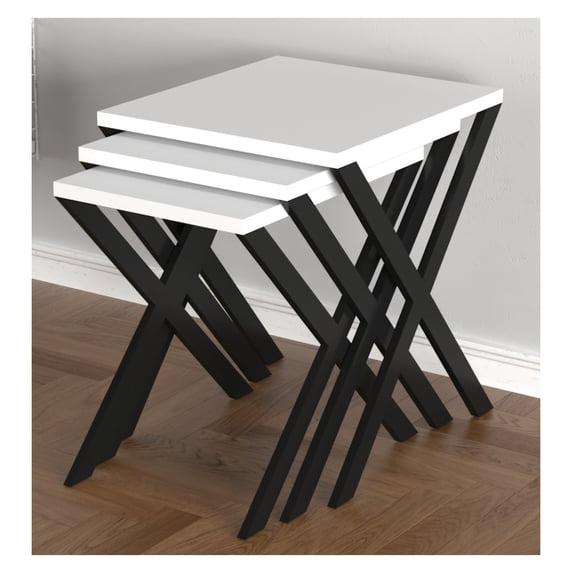 Kira Nesting Table 3-Pieces, Metal Legs Wood Base Nesting Table, White White + White + Contemporary + Rectangular + Wood + Hairpin
