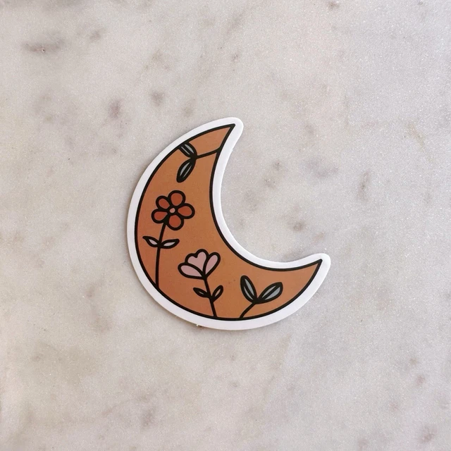 Crescent Sticker Kira Sticker With Orange Crescent Moon With Flowers Water Resistant ...