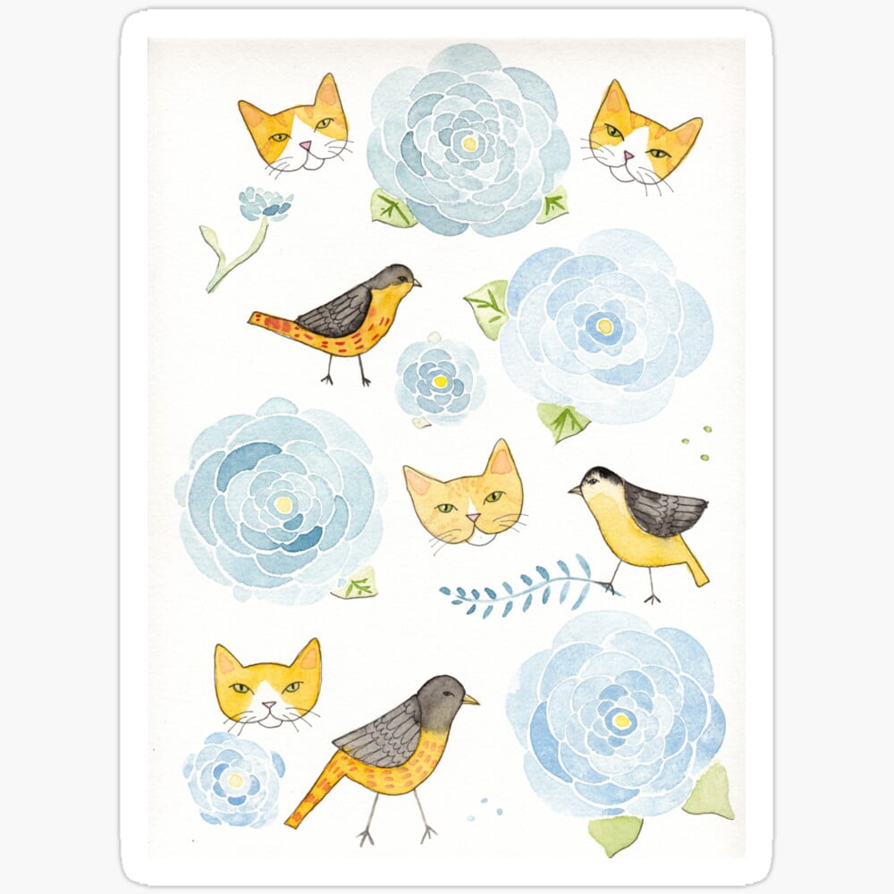 Spring Time Decals Kira Sticker - Springtime Birds And Cats - Phone Stickers, Waterproof ...