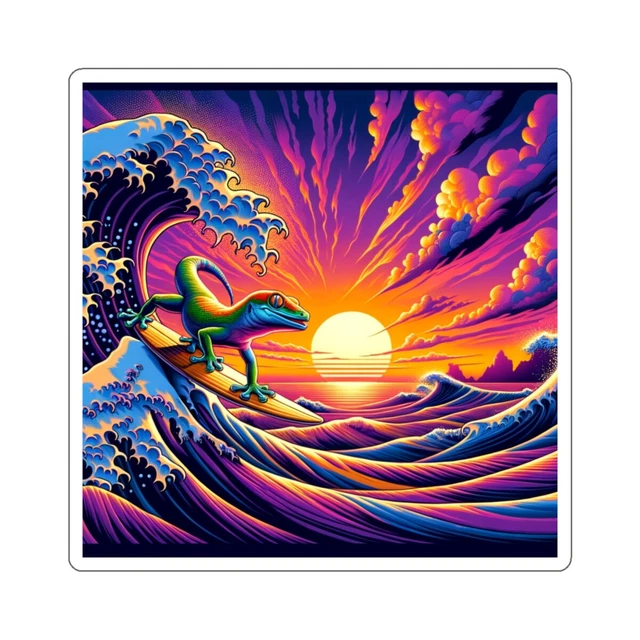 Kira Sticker With Sticker Gecko Surfing Ukiyoe Sunset Waves Retro Vibes ...