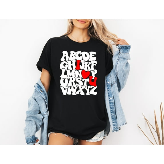 Alphabet Love T-Shirt, Funky Letters with Red Heart Graphic Hoodie, Fun Valentine's Day Gift for All Ages, Unisex S-5XL