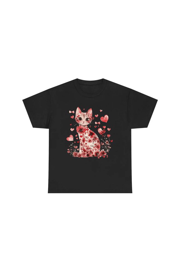 KiraKira Floral Cat Valentine T-Shirt, Cute Romantic Hoodie, Adorable Cat Lover Sweatshirt for Women and Men, Unisex S-5XL Gift