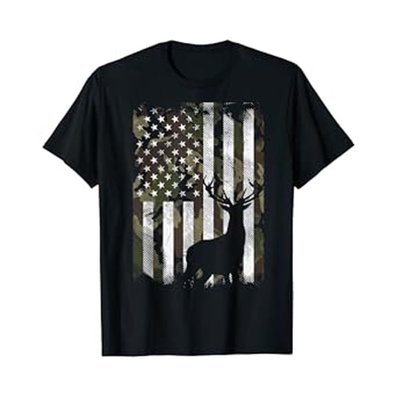 Kiraa Camo American Flag Deer Elk Buck Hunting USA Hunter Gift T-Shirt