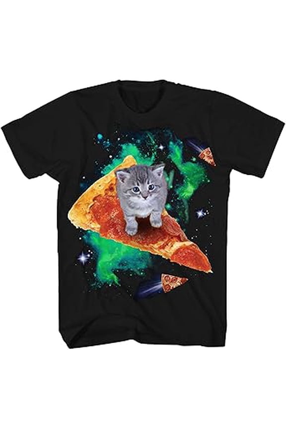 Cat Riding Pizza Galaxy Kitten Outerspace Neon Classic Retro Neon Funny Humor Pun Adult Men's Graphic T-Shirt