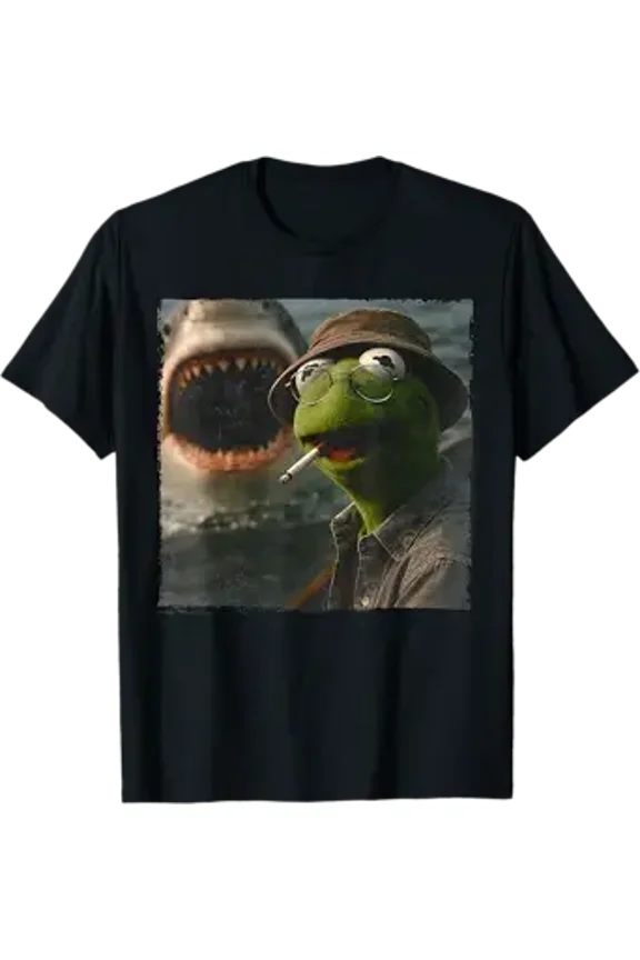 Funny Smoking Frog Vintage Shark Attack Parody Tee T-Shirt