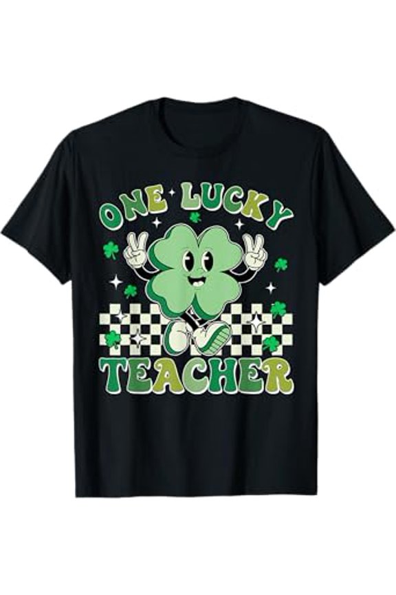 Retro Groovy One Lucky Teacher Shamrock Face St Patrick Day T-Shirt