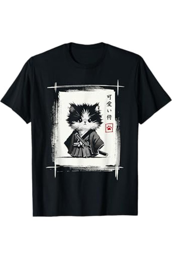 Samurai Cat Japanese Art Sumi-e Novelty Kawaii Funny Cat T-Shirt