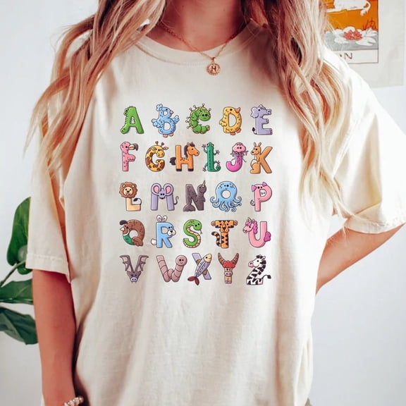 Kiraa Tee With Alphabet Shirt, Abc Shirt, Animals Alphabet T-Shirt, Kingergarten Teacher Shirt, Alphabet Shirt For Teachers, Tescher Shirt, Kids Shirt Birthday Gifts; For Men & Women