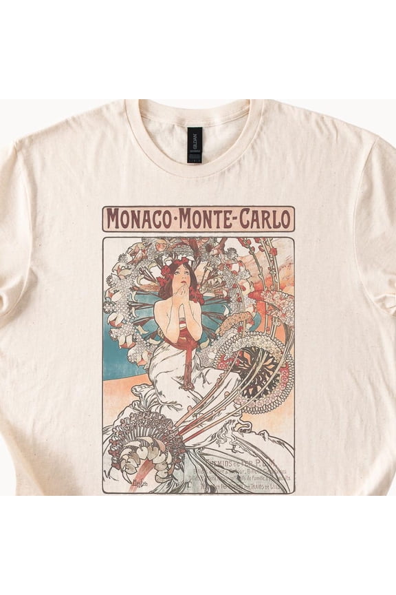 Tee With Art Nouveau Monaco Monte Carlo Poster Graphic On Natural Color Cotton Shirt Elegant French Travel Design Tee Birthday Gifts; For Men & Women