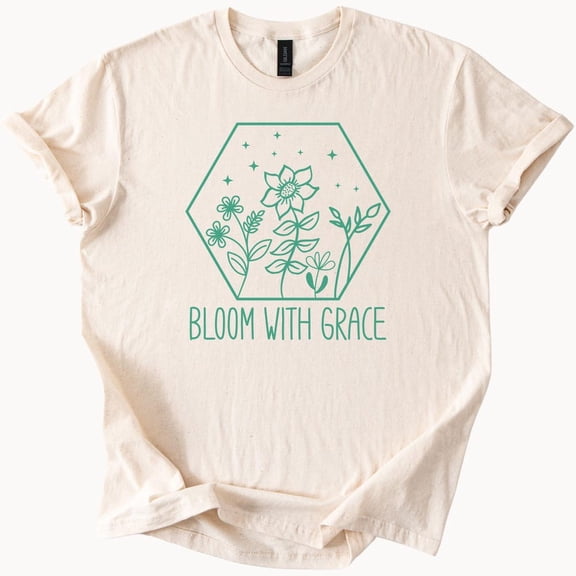 Kiraa Tee with Bloom With Grace Floral Graphic T Shirt Botanical Line Art Flower Tee Inspirational Nature Shirt Positive Quote Aesthetic Top Birthday Gifts; For Men & Women
